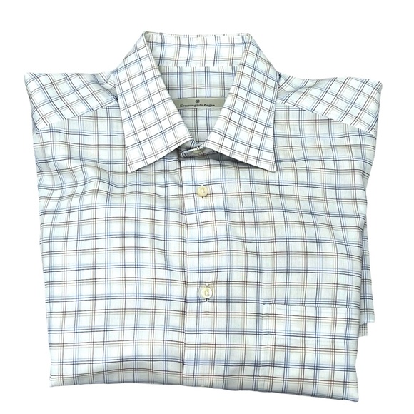 Ermenegildo Zegna Other - ERMENEGILDO ZEGNA WHITE W BLUE & BROWN GRID PATTERN CHECKED COTTON DRESS SHIRT